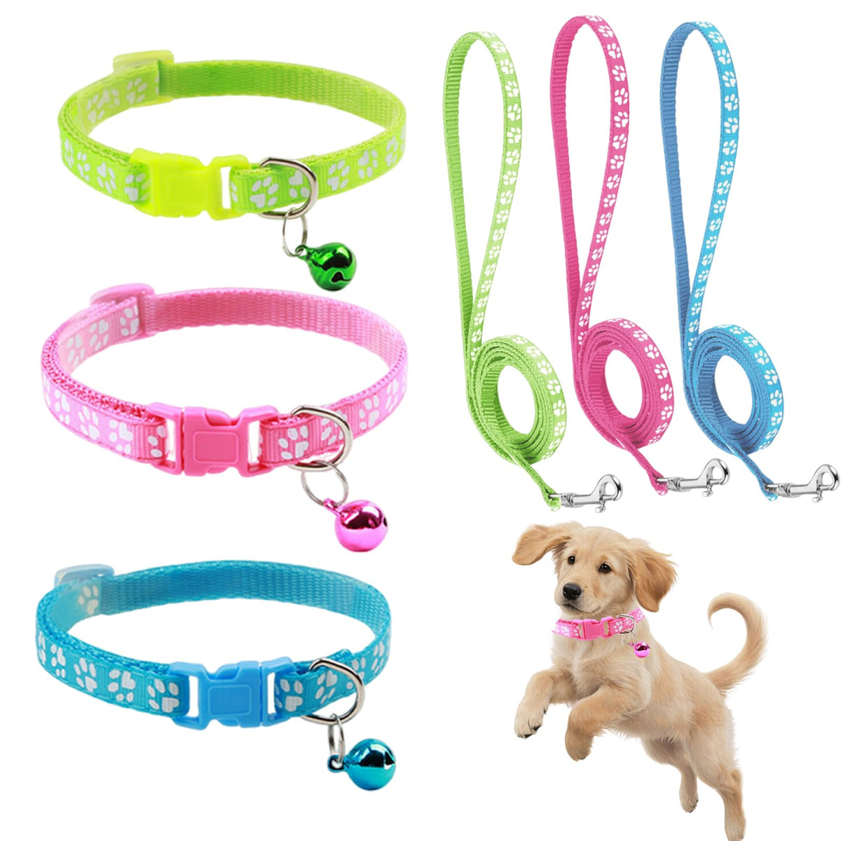 Generic collar y correa para cachorro rosa con huella, identificación rápida.