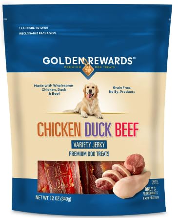 Golden Rewards tiras 12oz de pollo, pato y res, snack sabroso para perros.