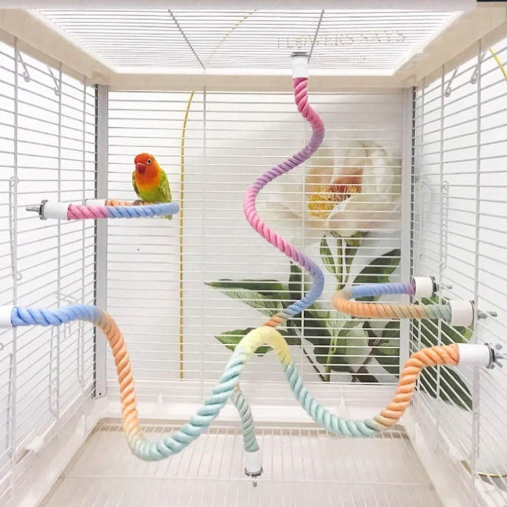 Percha doble para aves con columpio, diseño de juego dentro de la jaula.