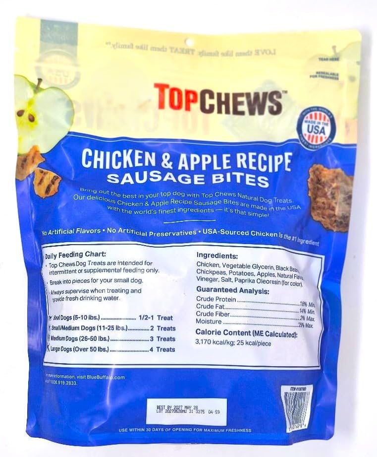 Top Chews pollo manzana, bocados saborizados, snack práctico para paseo diario