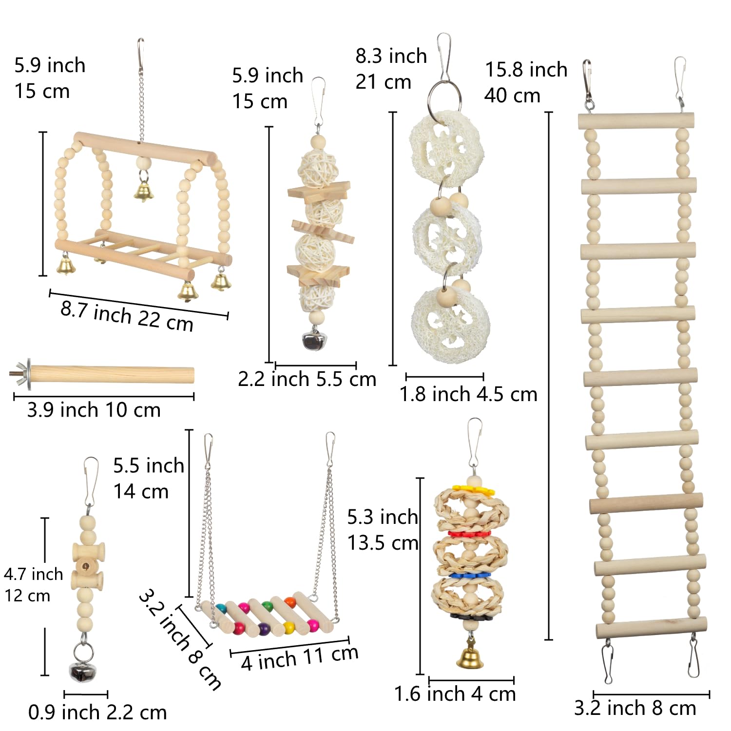 Kit genérico para jaula de periquitos: juguete colgante masticable para estimular el pico y la exploración.