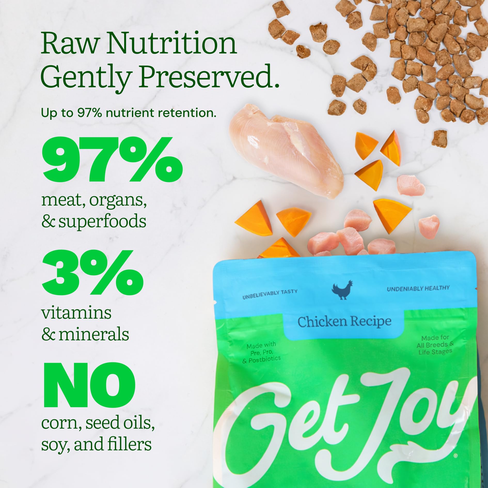 Get Joy ingredientes clave como pollo, higado y superalimentos para nutricion equilibrada