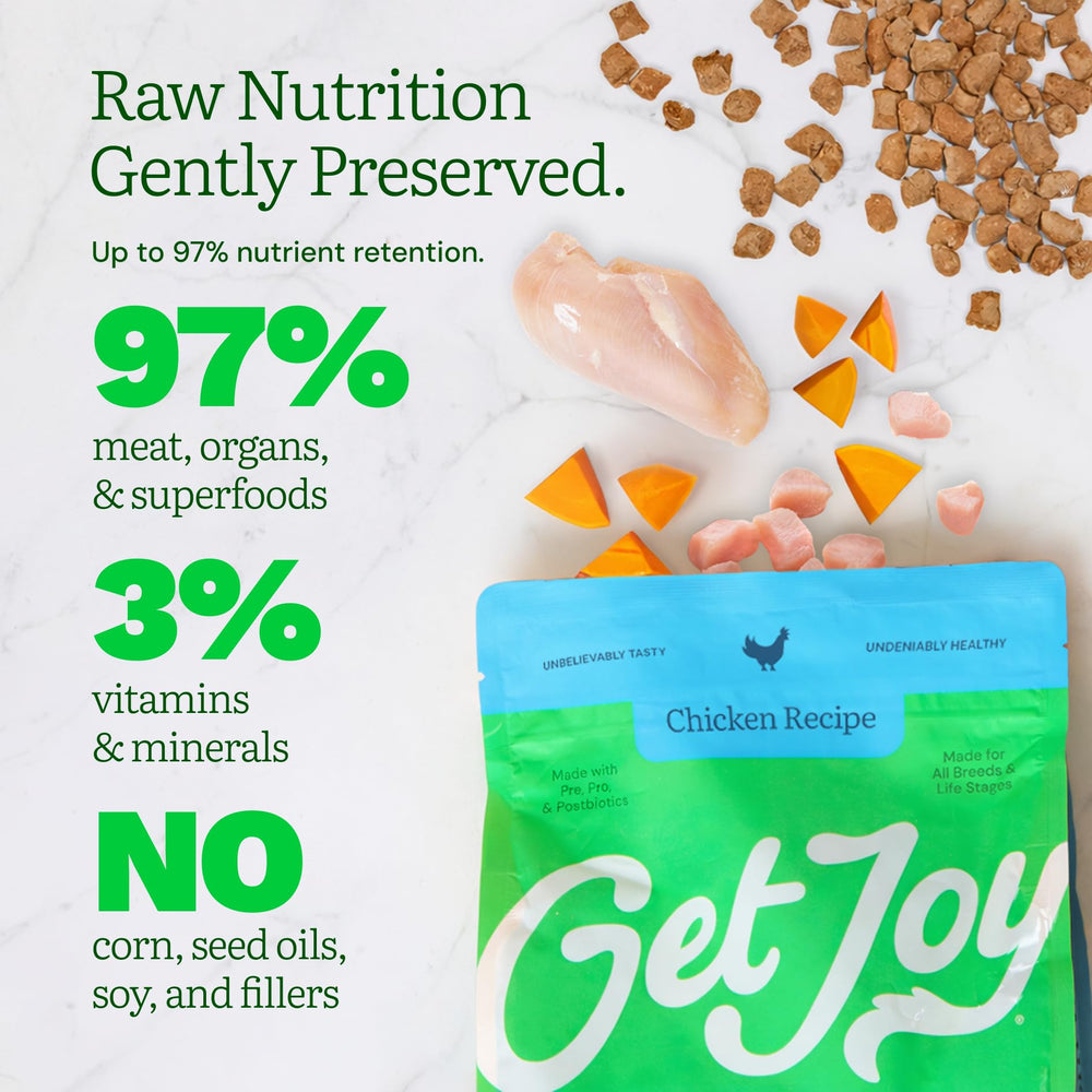 Get Joy ingredientes clave como pollo, higado y superalimentos para nutricion equilibrada