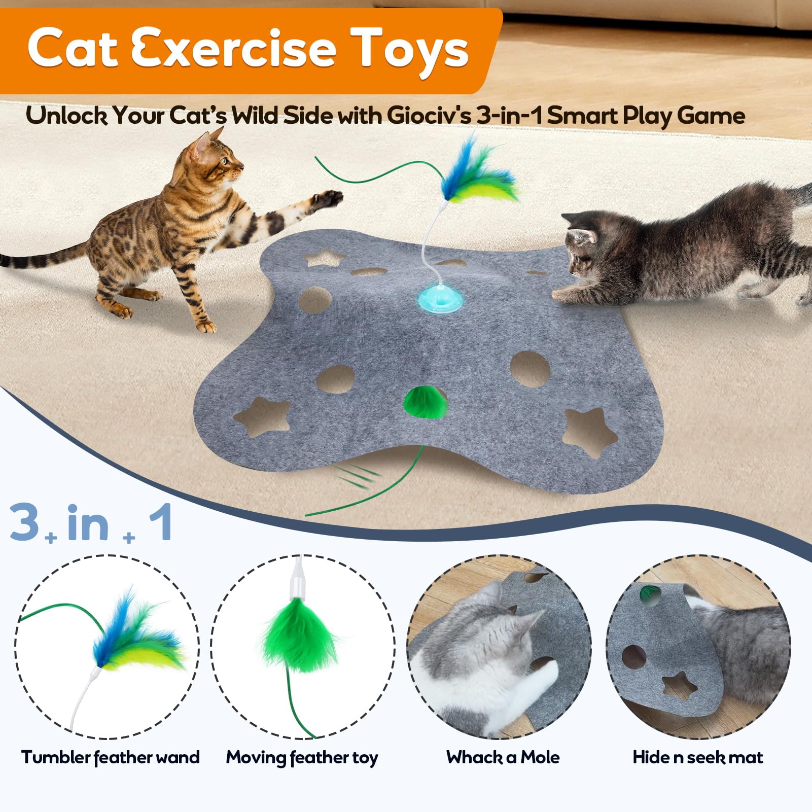 Giociv juguete para gatos con movimiento errático de pluma que estimula juego.