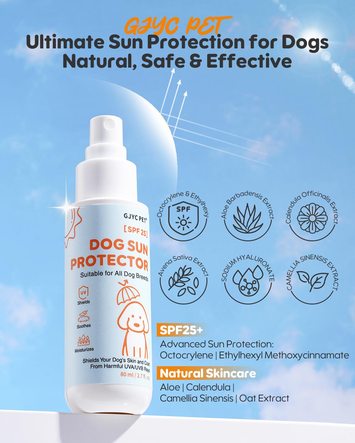 GJYC PET SPF25, bote de aceite para perros, protección solar duradera.