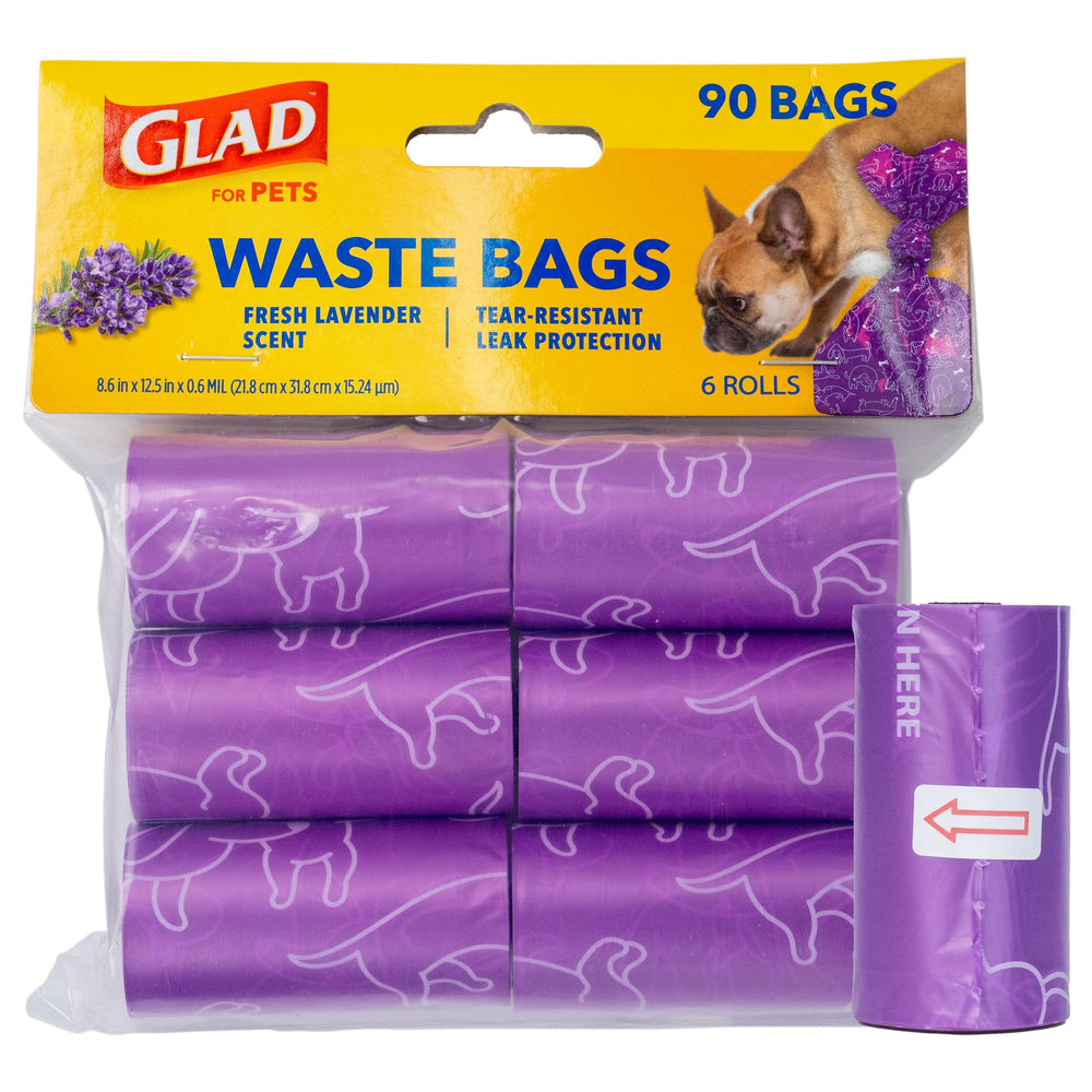 Bolsas Glad para mascotas con aroma a lavanda, ideales para recogida rápida y limpia.