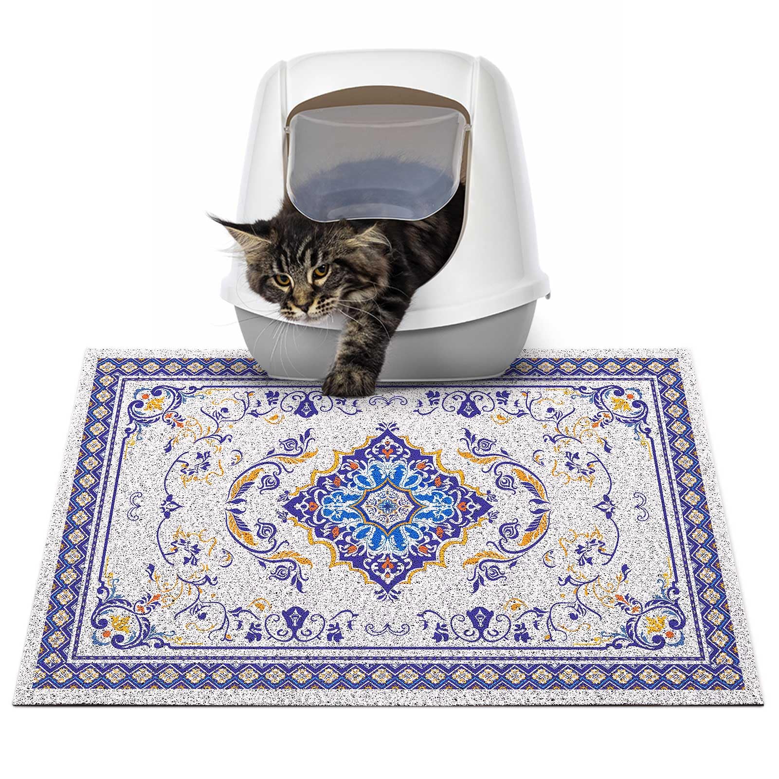 Alfombrilla Glittme para arena de gatos vista superior, protege el suelo y facilita la limpieza.