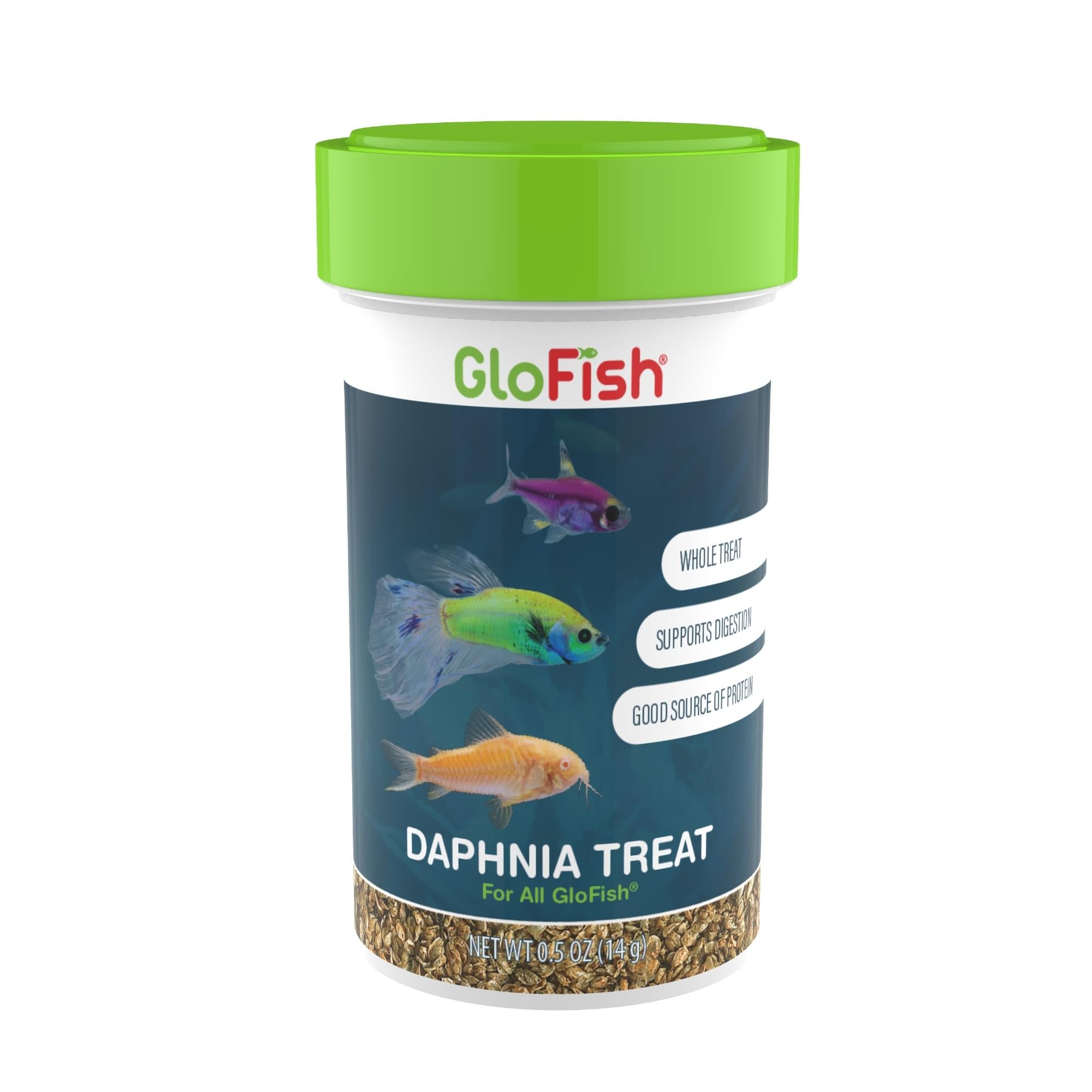 GloFish Daphnia Treat, envase visible para premiar peces fluorescentes.