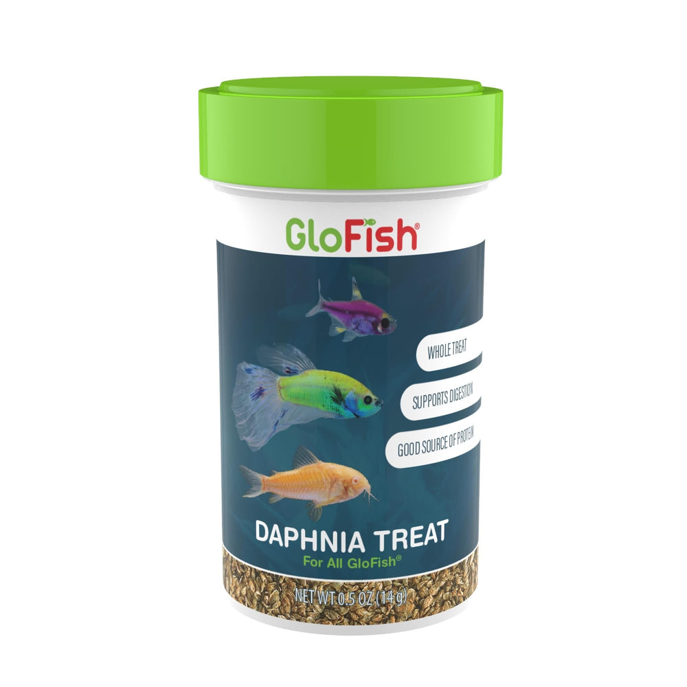 GloFish Daphnia Treat, envase visible para premiar peces fluorescentes.