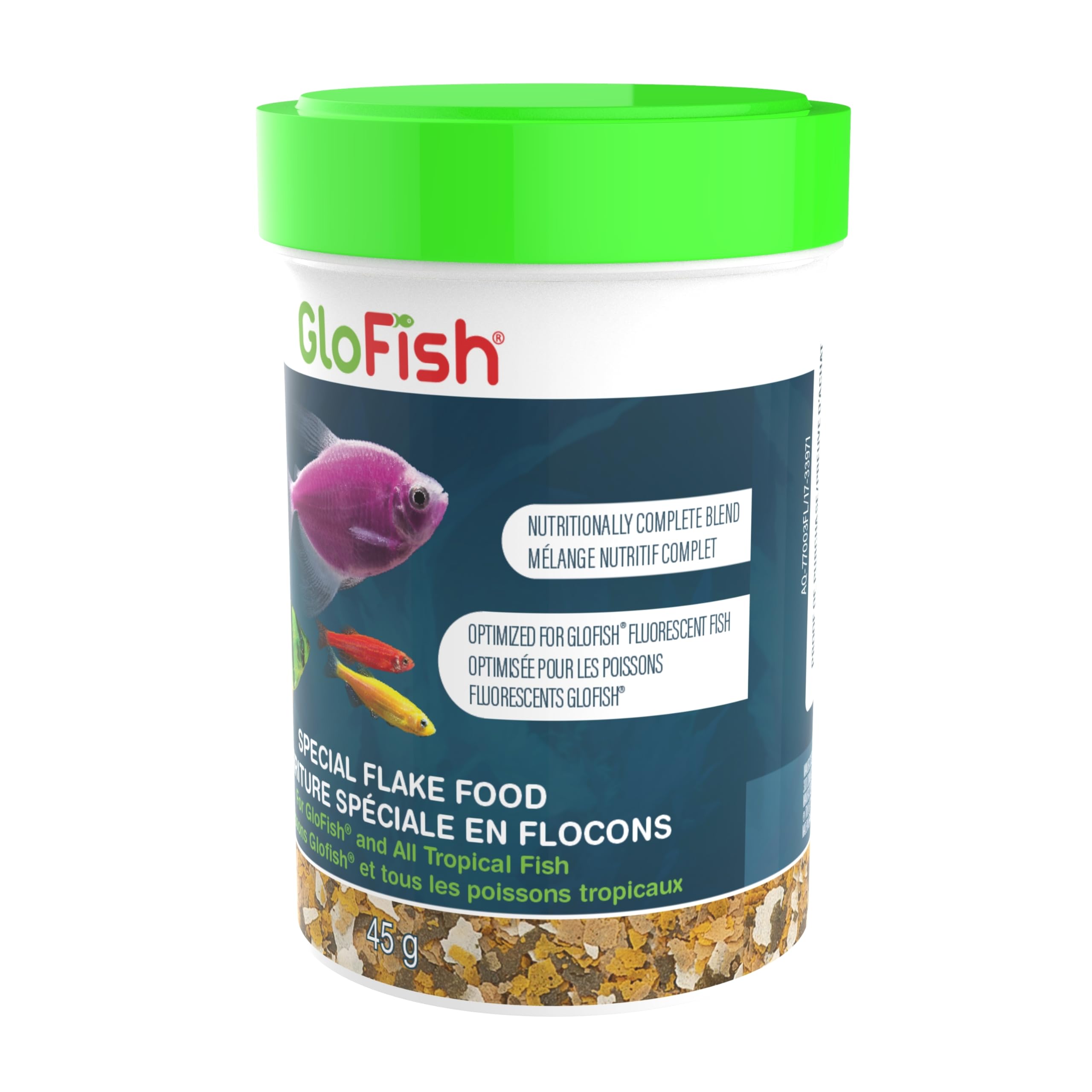 Envase de GloFish con guía de nutrición TetraCare para el cuidado del acuario.