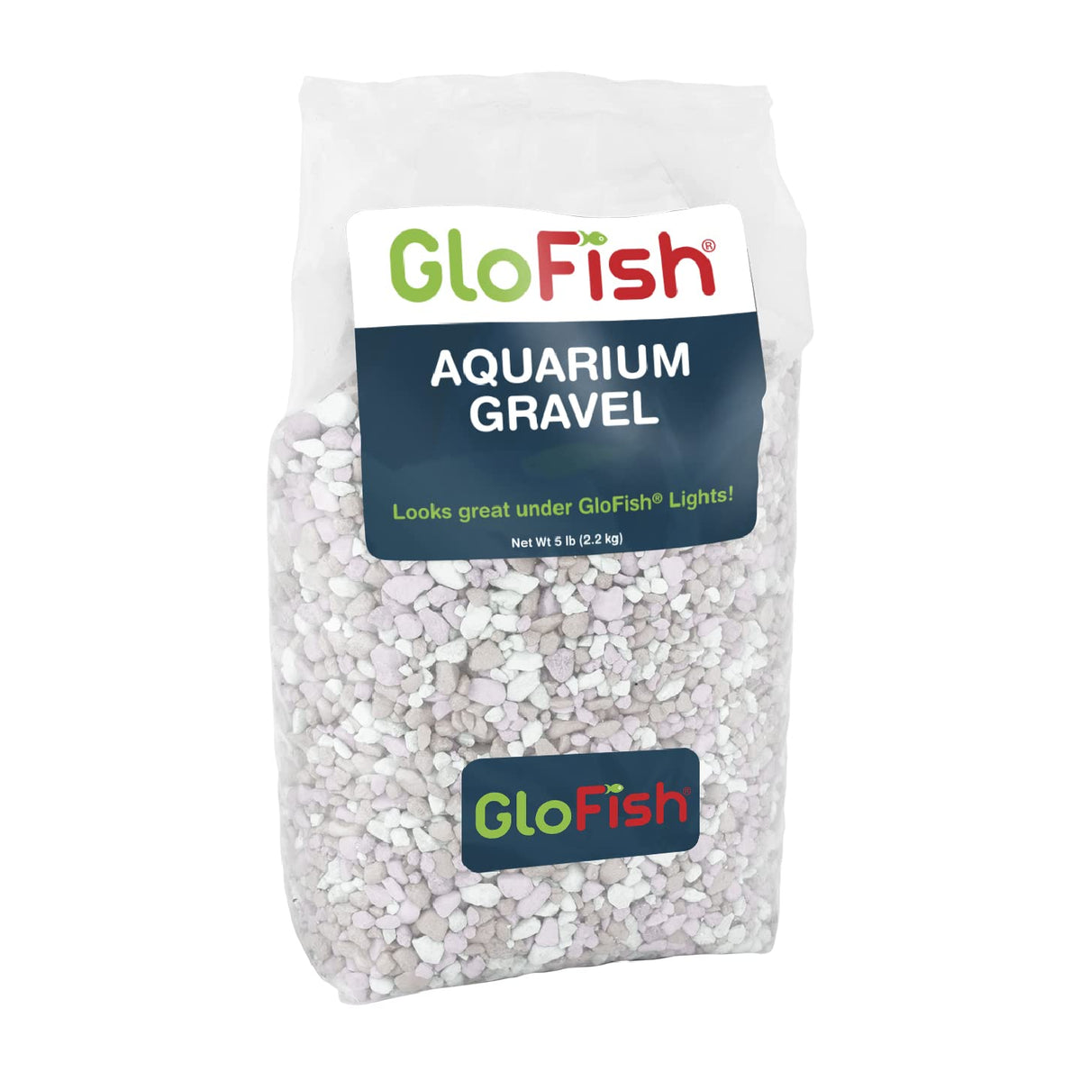 Grava GloFish para acuario en tono perlado resalta colores fluorescentes.