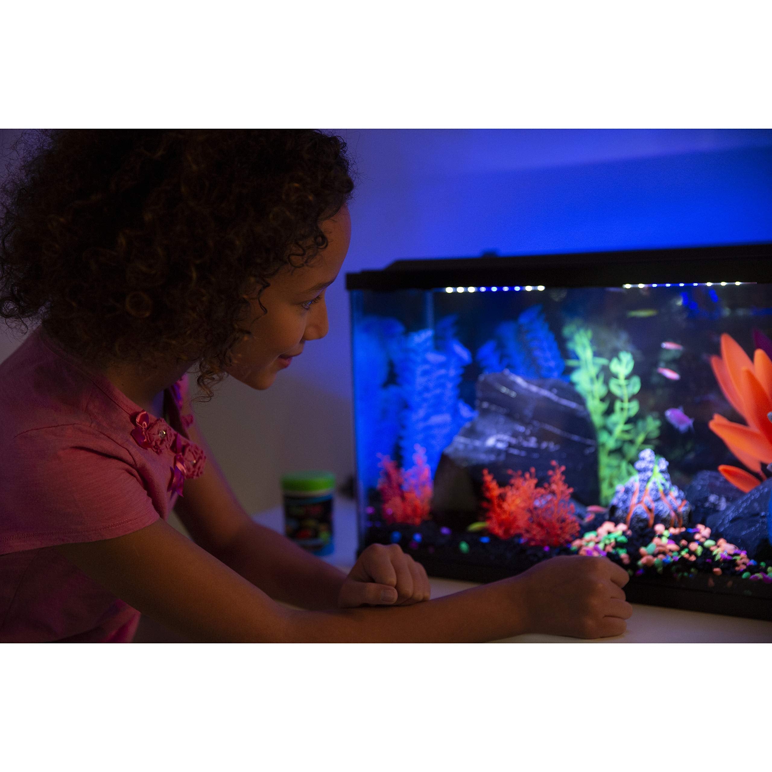 GloFish grava verde neón para destacar plantas y peces bajo iluminación azul.