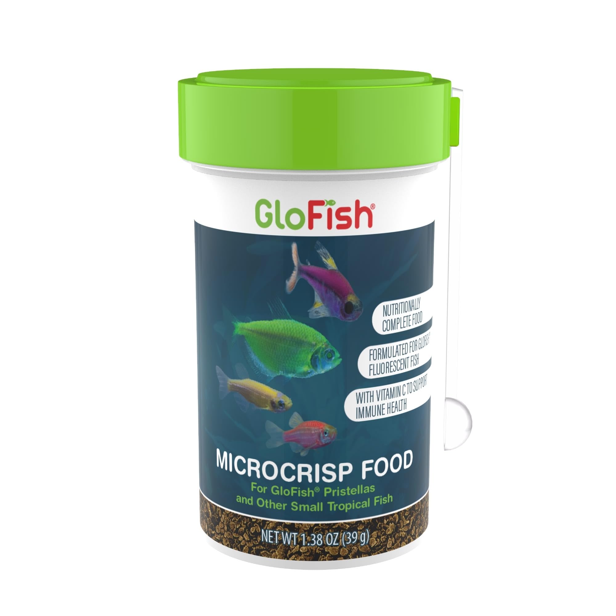 GloFish Microcrisp en envase, alimento tropical para peces fluorescentes.