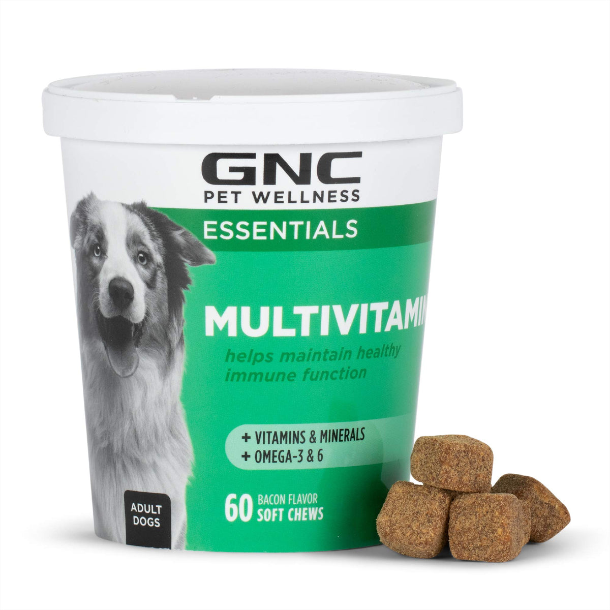 GNC Pets Essentials masticables tocino para perros, sabor agradable y uso diario.