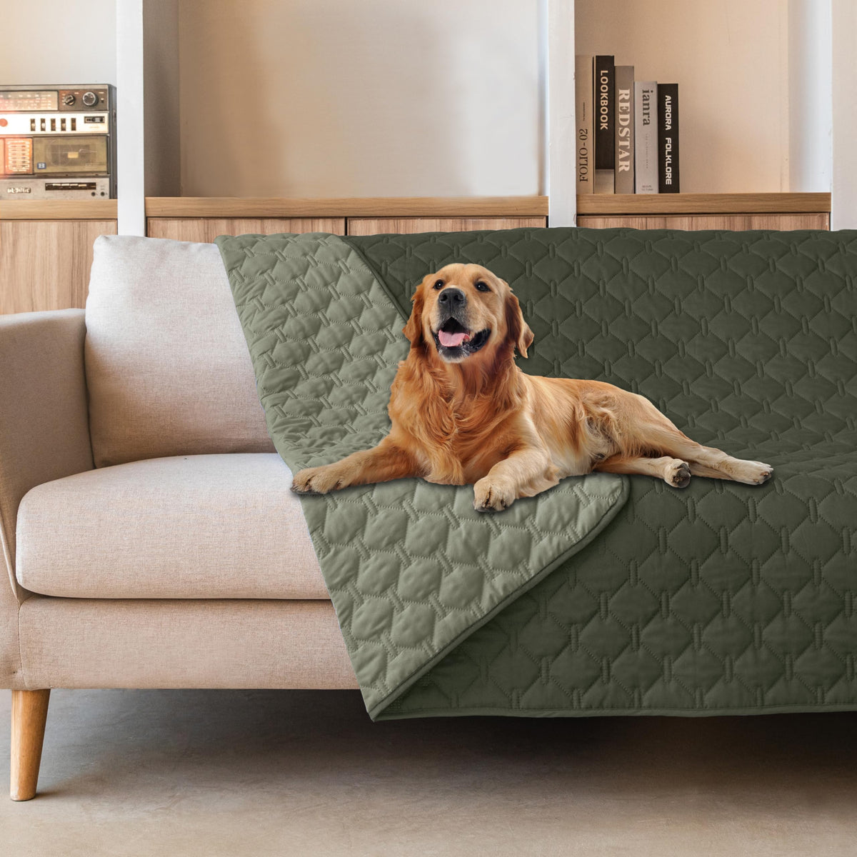 Gogobunny cobertor perro impermeable de doble cara en oliva oscura para muebles.