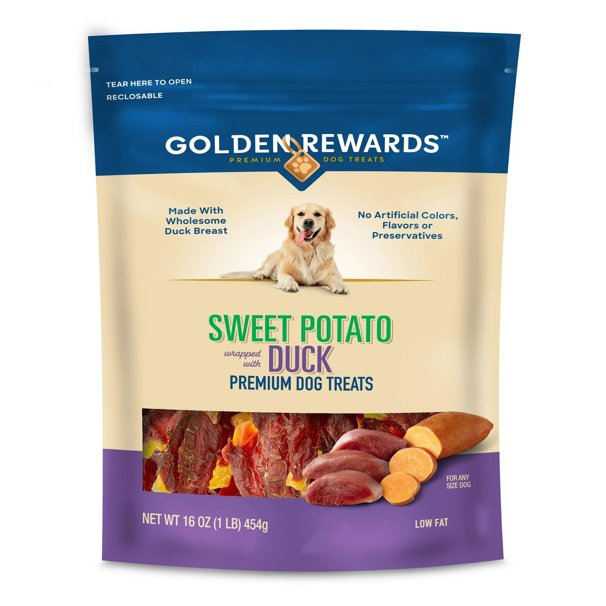 Golden|Rewards pato envuelto en batata, bocado sabroso para entrenamiento.