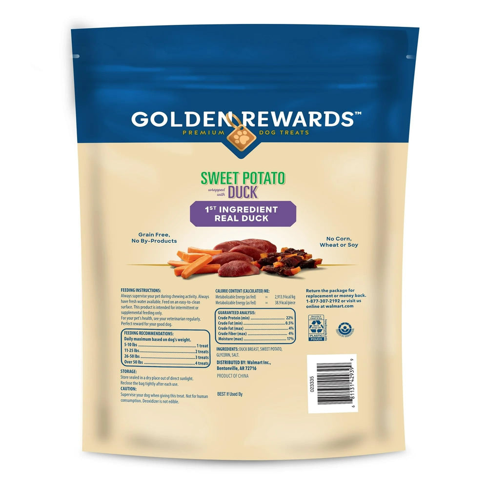 Golden|Rewards bocado masticable de pato envuelto en batata para perros de todas las tallas.