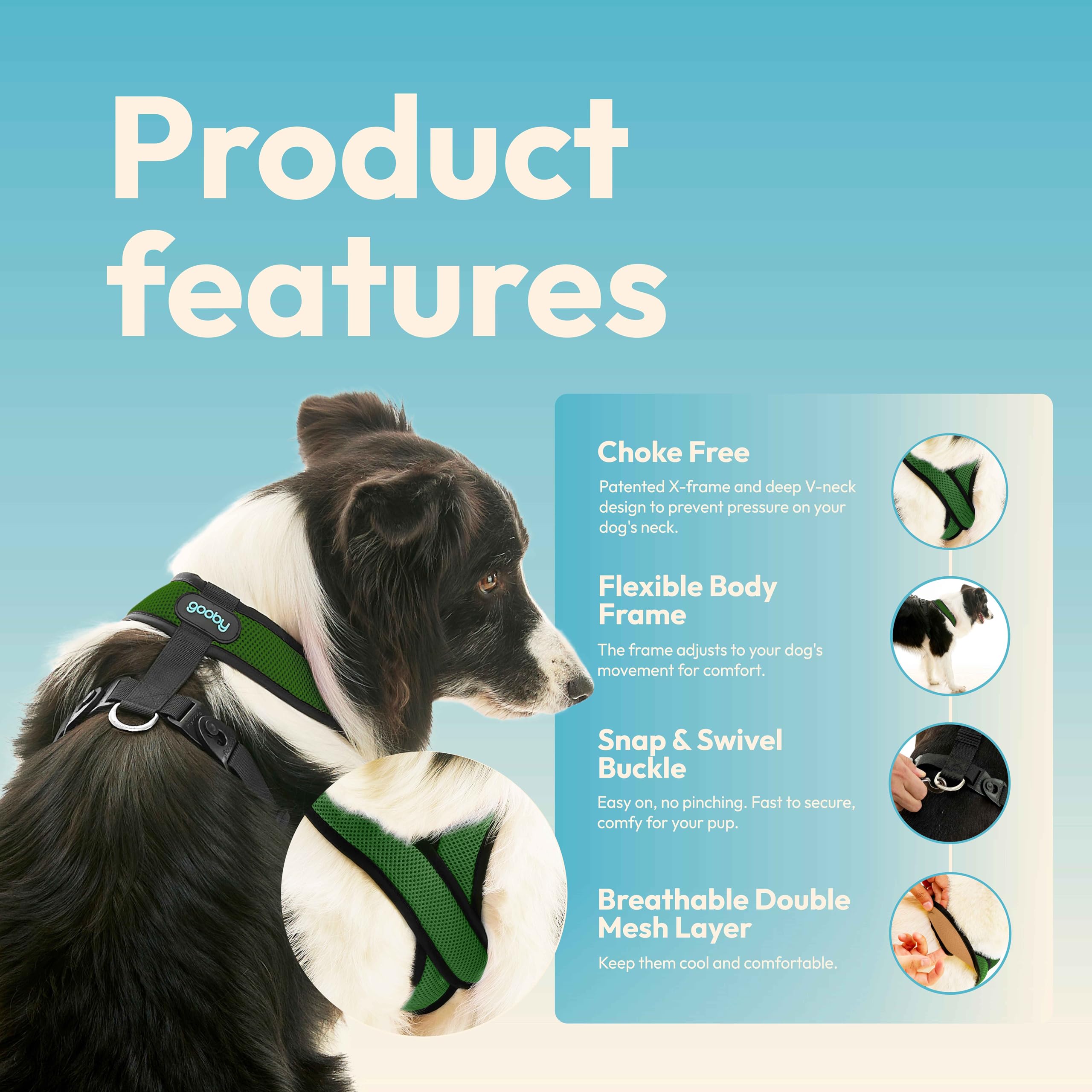 Arnés Gooby Comfort X vista lateral en malla, movimiento flexible para perros activos.