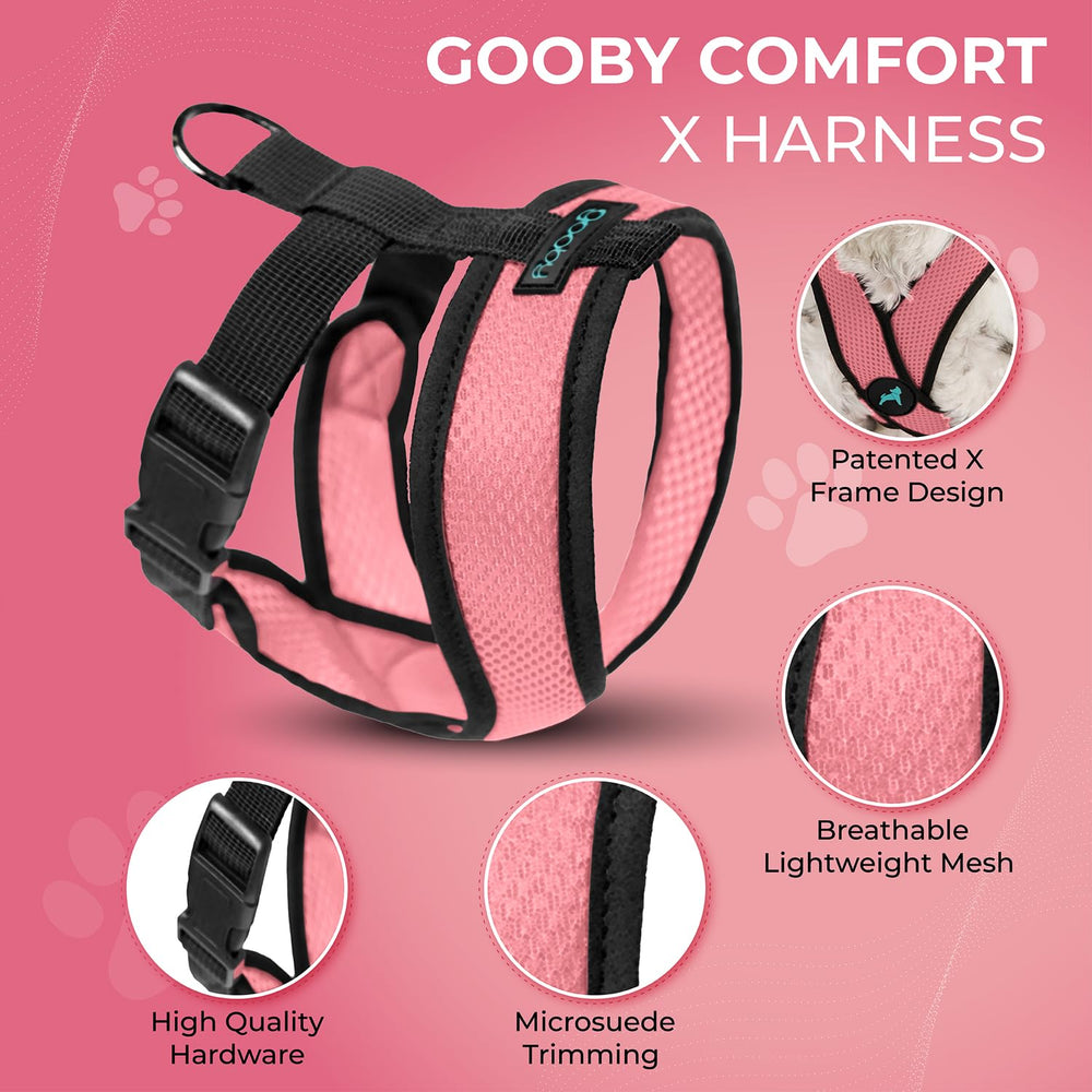 Gooby Comfort X Harness rosa, enfoque en la anilla D y ajuste.