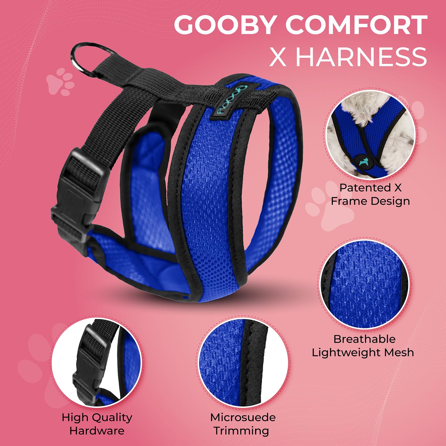 Detalle de malla suave del arnés Gooby Comfort X azul.
