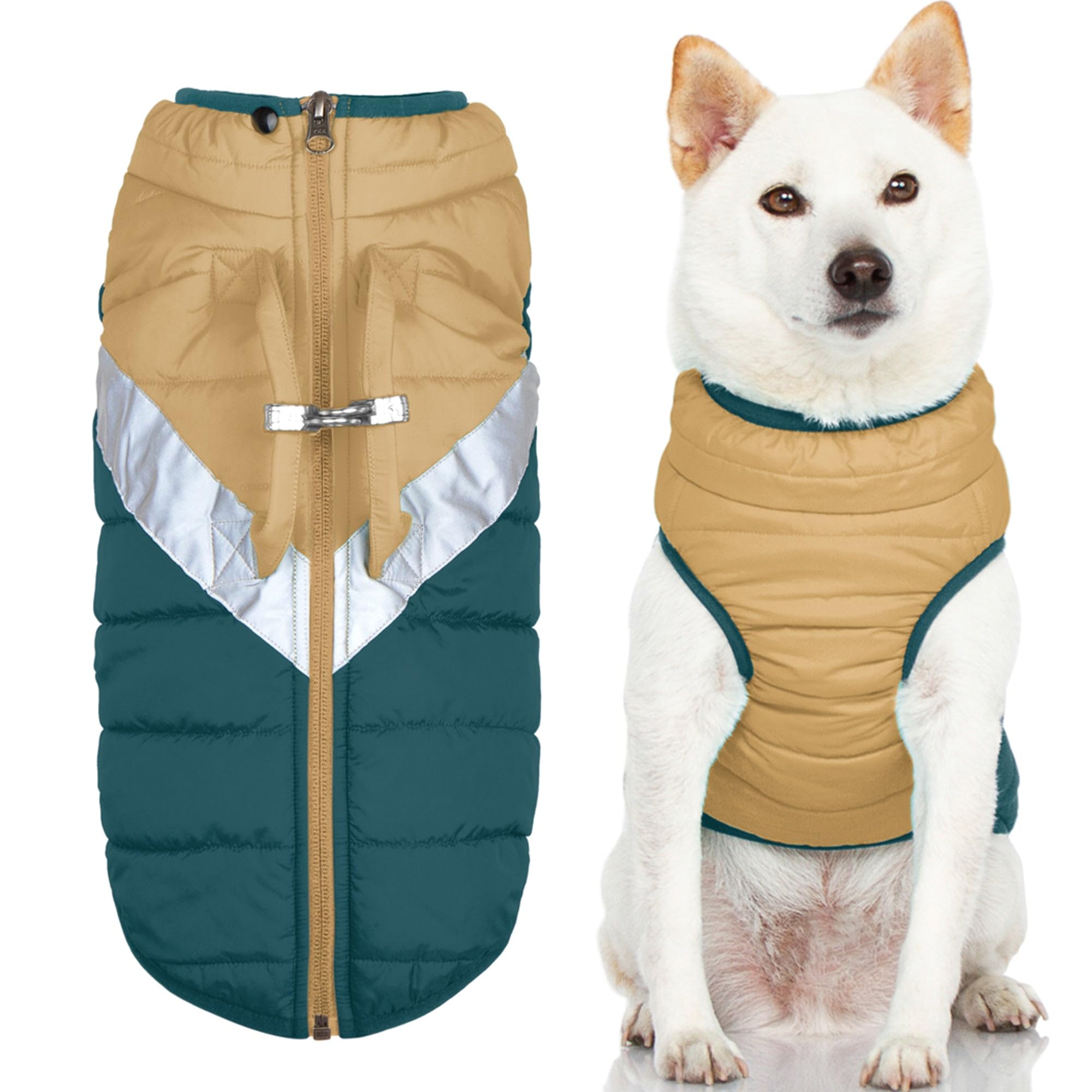 Gooby Mountaineer chaqueta para perro arena, vista frontal para paseos diarios.