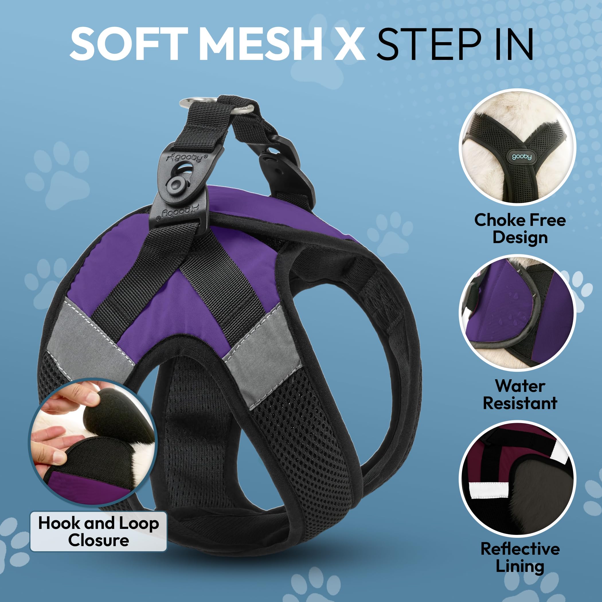 Gooby Soft Mesh X Step-In en purpura: cierre ajustable abrazando el pecho con suavidad.