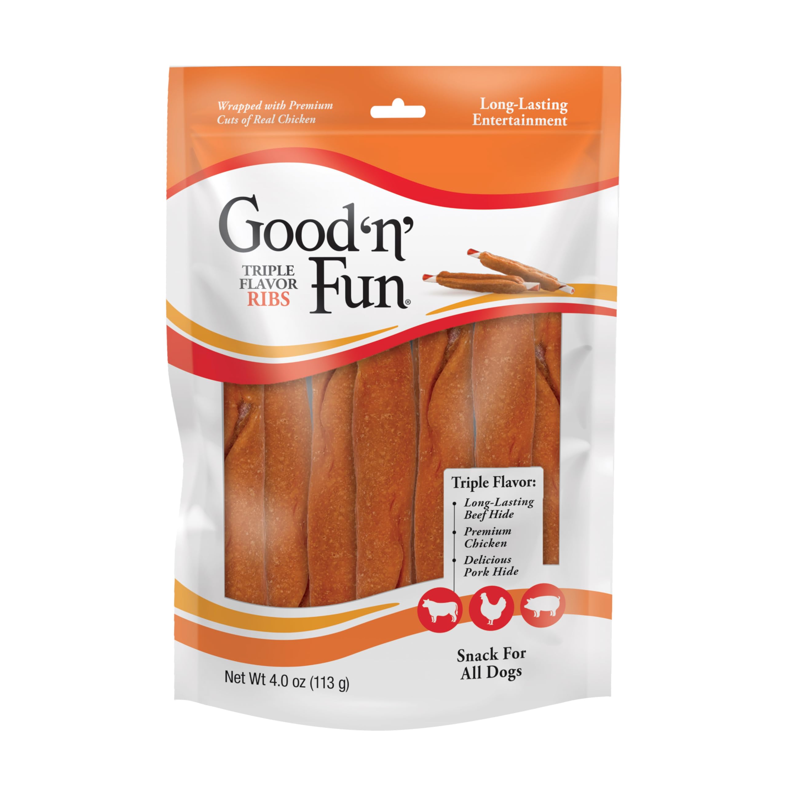 GOOD 'N' FUN Costillas de sabor triple: empaque mostrado para compra confiable.