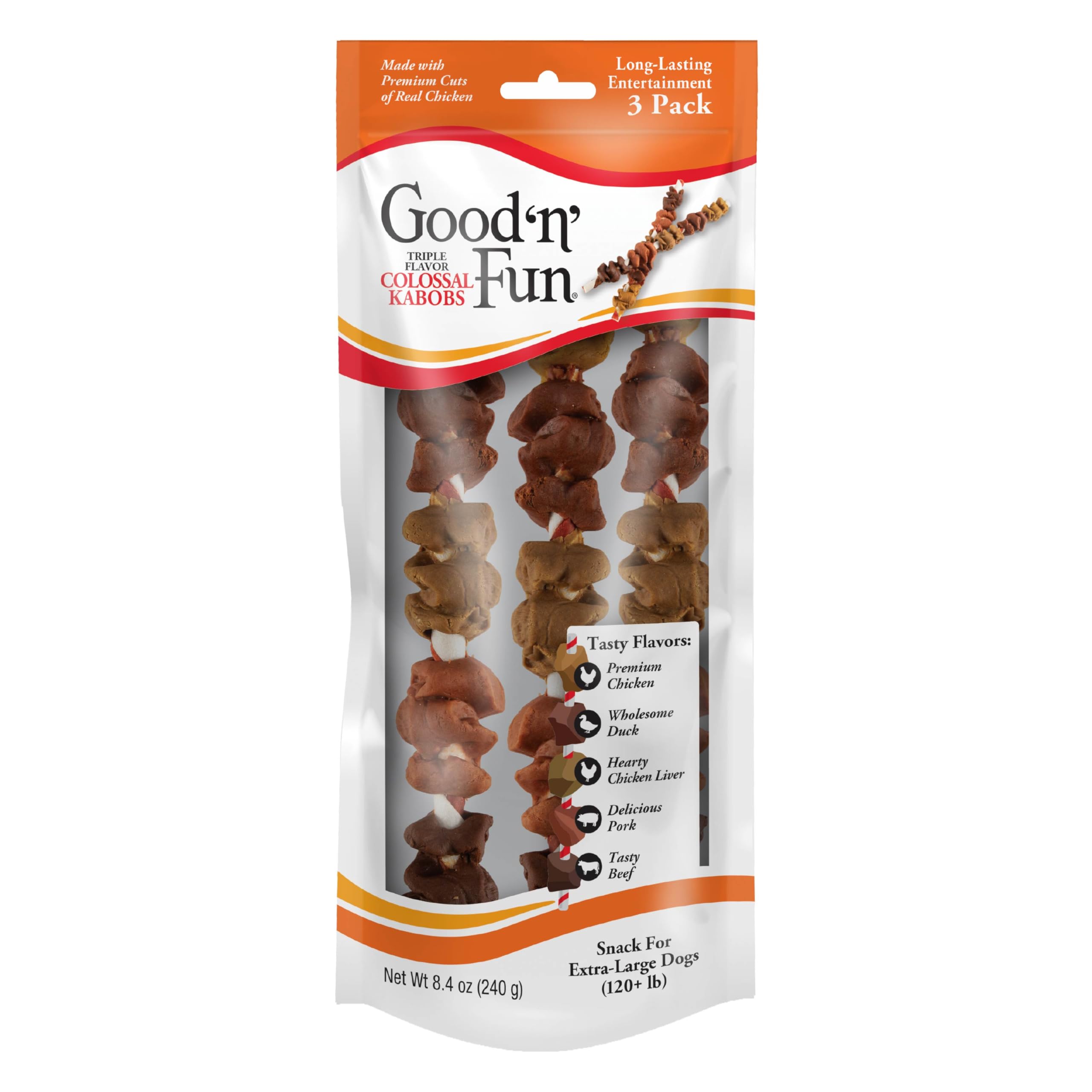 GOOD 'N' FUN Kabobs mordisco triple sabor para perros grandes, masticable y sabroso