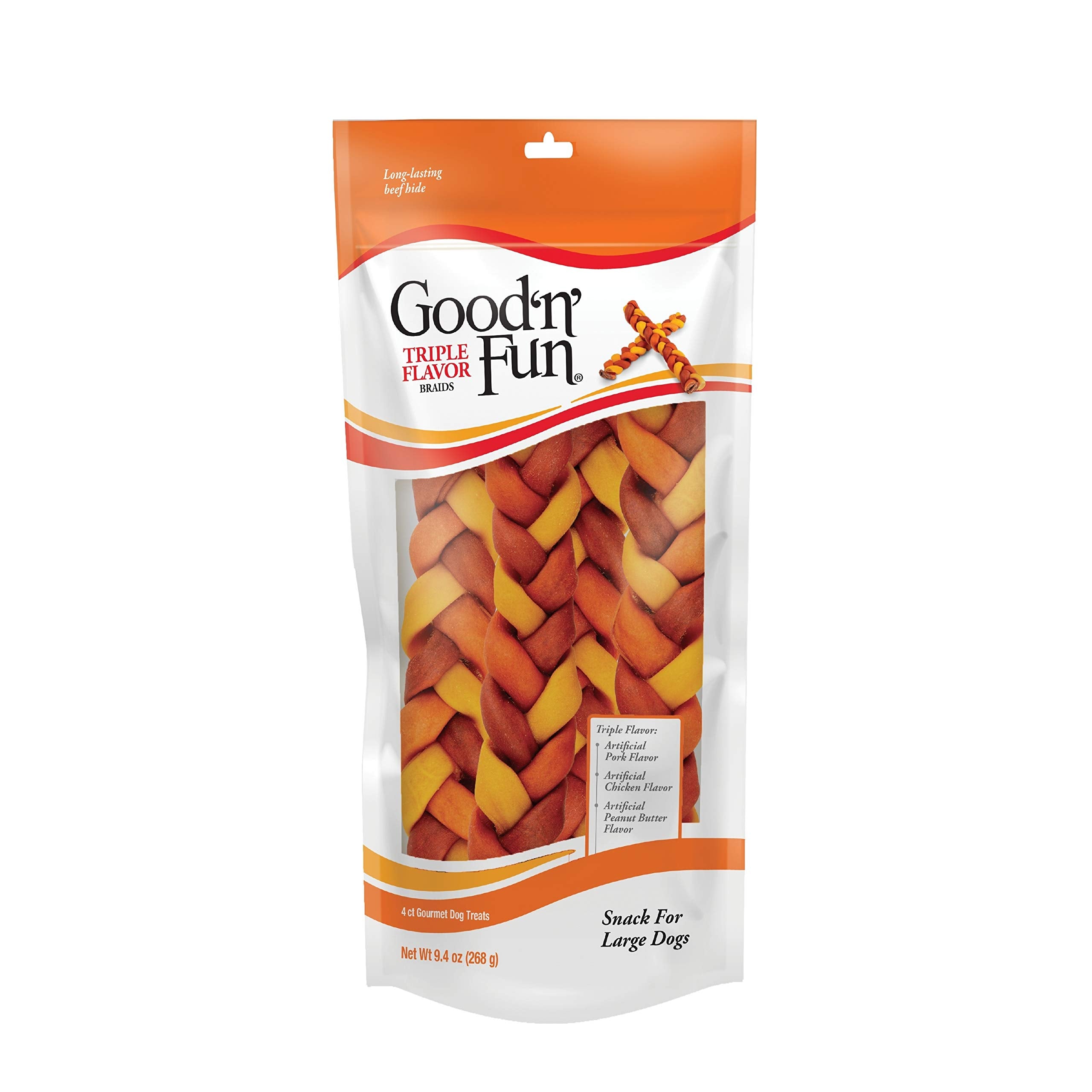 GOOD 'N' FUN trenzas sabor triple en empaque, snack duradero para perros grandes