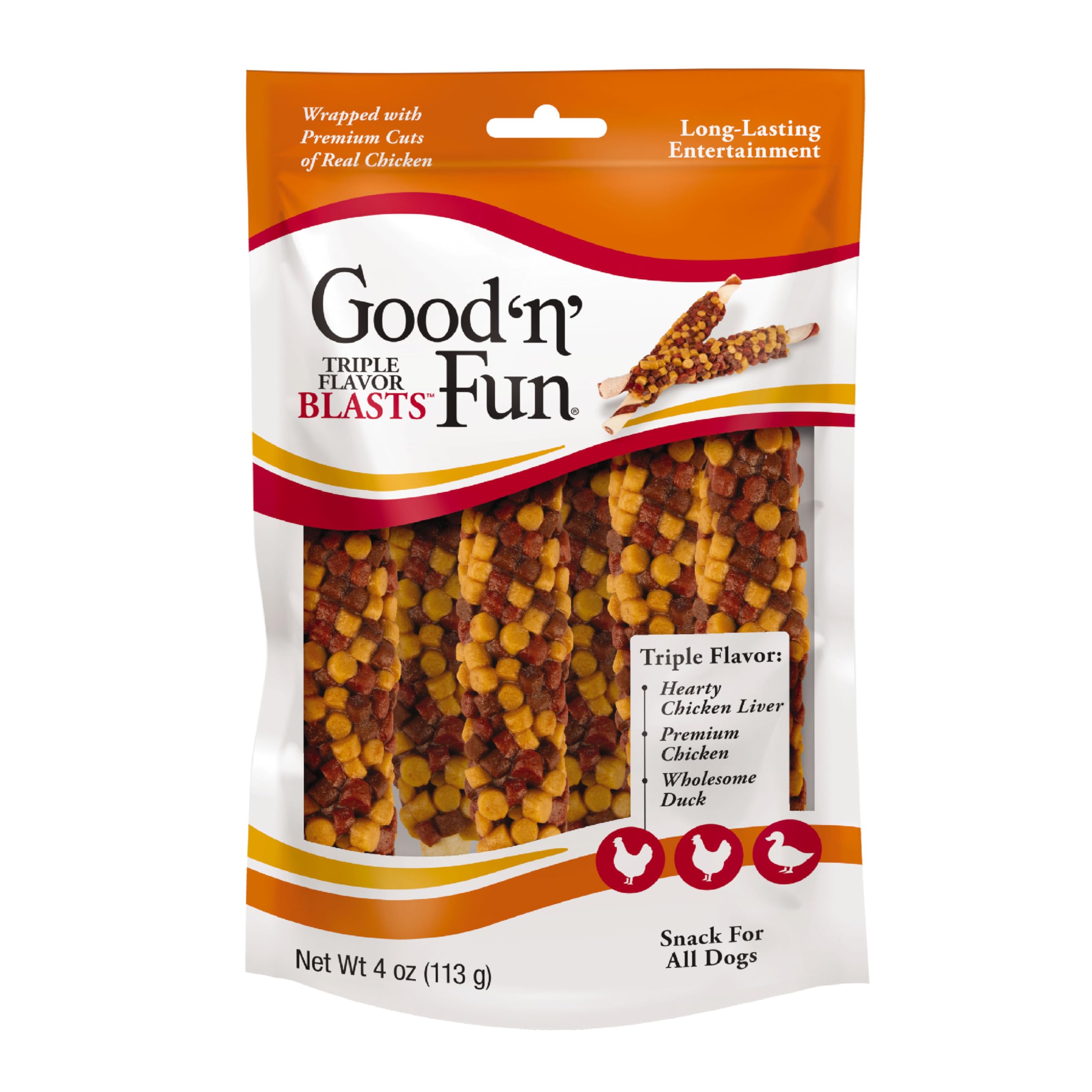 GOOD 'N' FUN Triple Flavor Blasts en empaque, snack versátil para perros