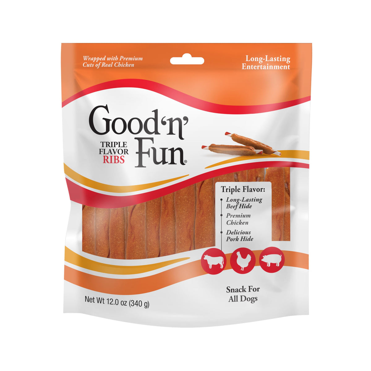 Good ‘n’ Fun Ribs de tres sabores con piel de res, masticación duradera para perros