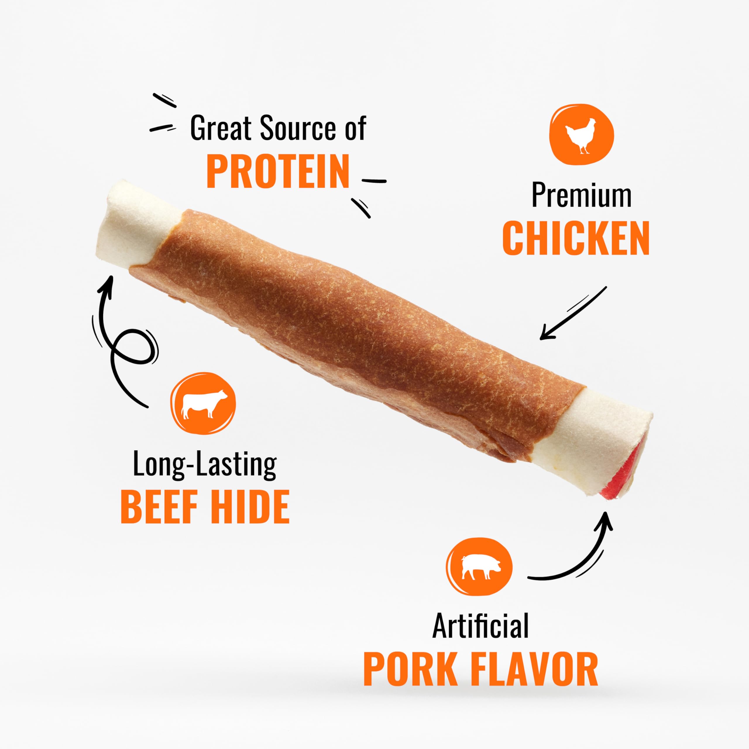Good 'n' Fun Triple Flavor Rolls, rodaja de carne visible, masticación sabrosa para perros grandes.