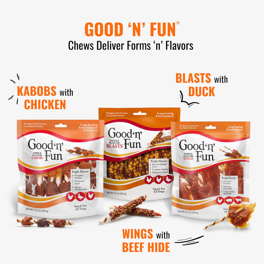 Good 'n' Fun Triple Flavor Rolls, masticables versátiles, ideal como premio durante el entrenamiento.