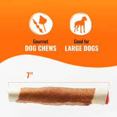 Good 'n' Fun Triple Flavor Rolls, envoltura de pollo visible, sabor delicioso para perros.
