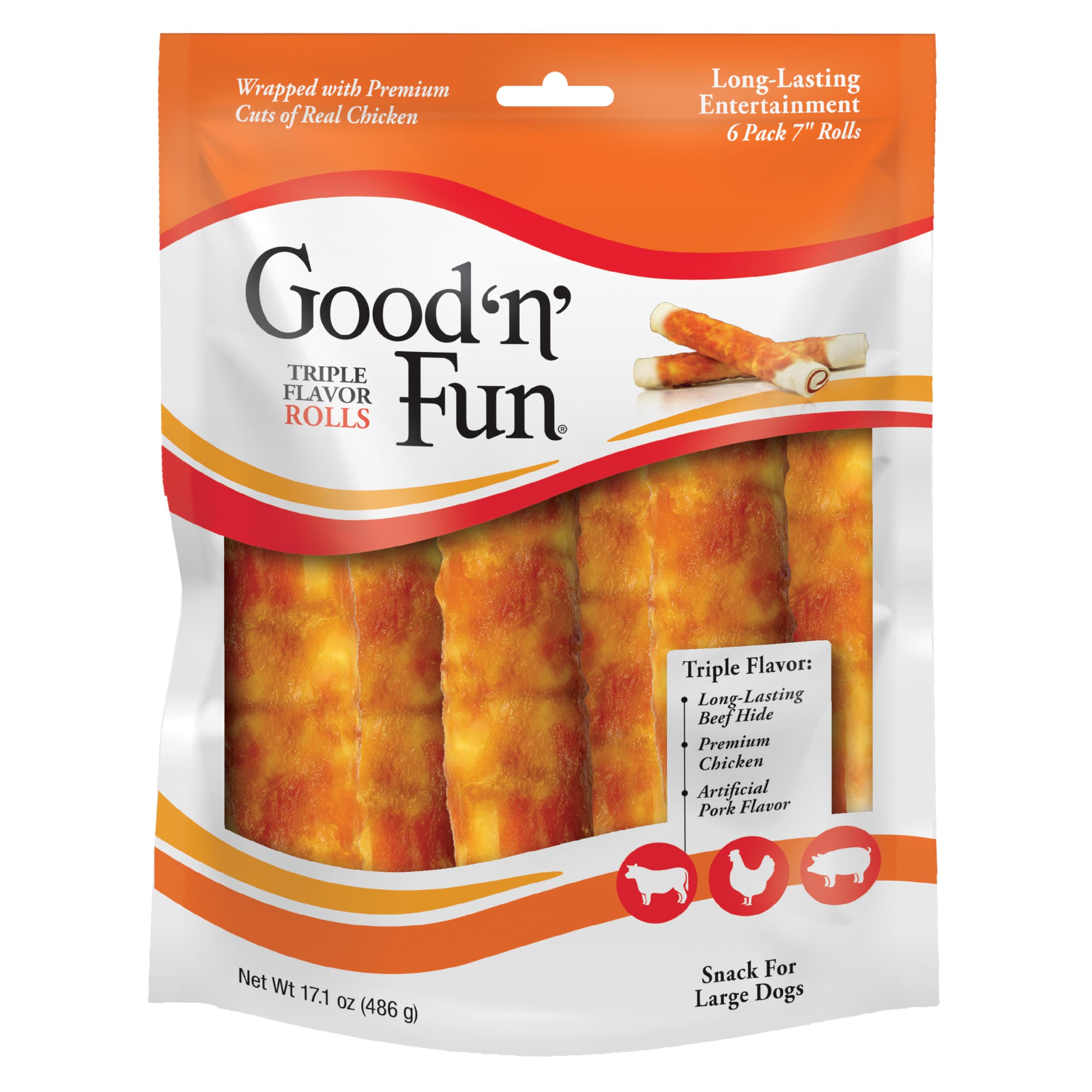 Good 'n' Fun Triple Flavor Rolls para perros grandes, paquete visible para entretenimiento prolongado.