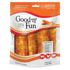 Good 'n' Fun Triple Flavor Rolls para perros grandes, paquete visible para entretenimiento prolongado.