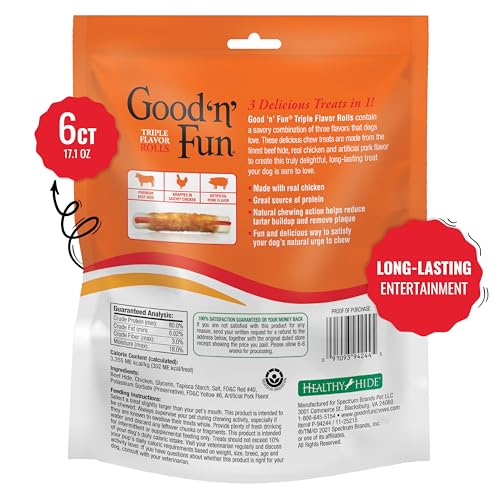 Good 'n' Fun Triple Flavor Rolls, textura duradera, ideal para masticar durante horas.