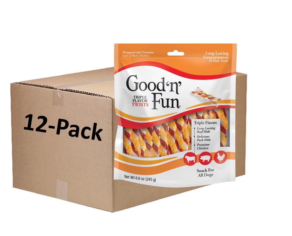 GOOD 'N' FUN Triple Flavor Twists con empaque visible para dueños y perros.