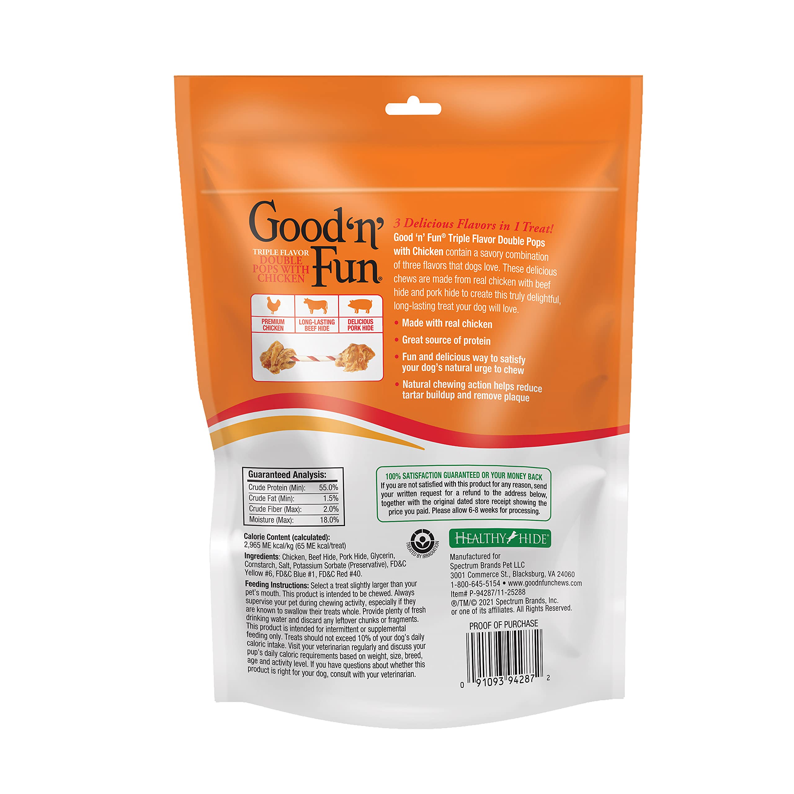 Good 'n' Fun pops dobles de triple sabor con piel de res, snack sabroso.
