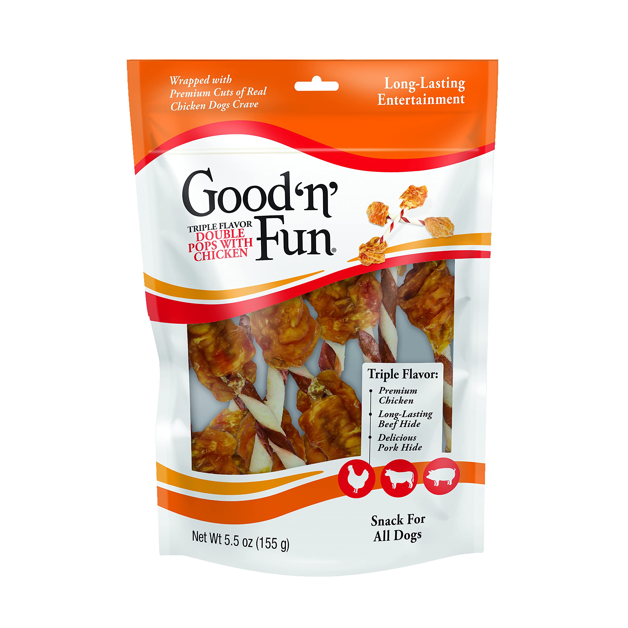 Good 'n' Fun pops dobles de triple sabor con pollo, ideal para masticación.