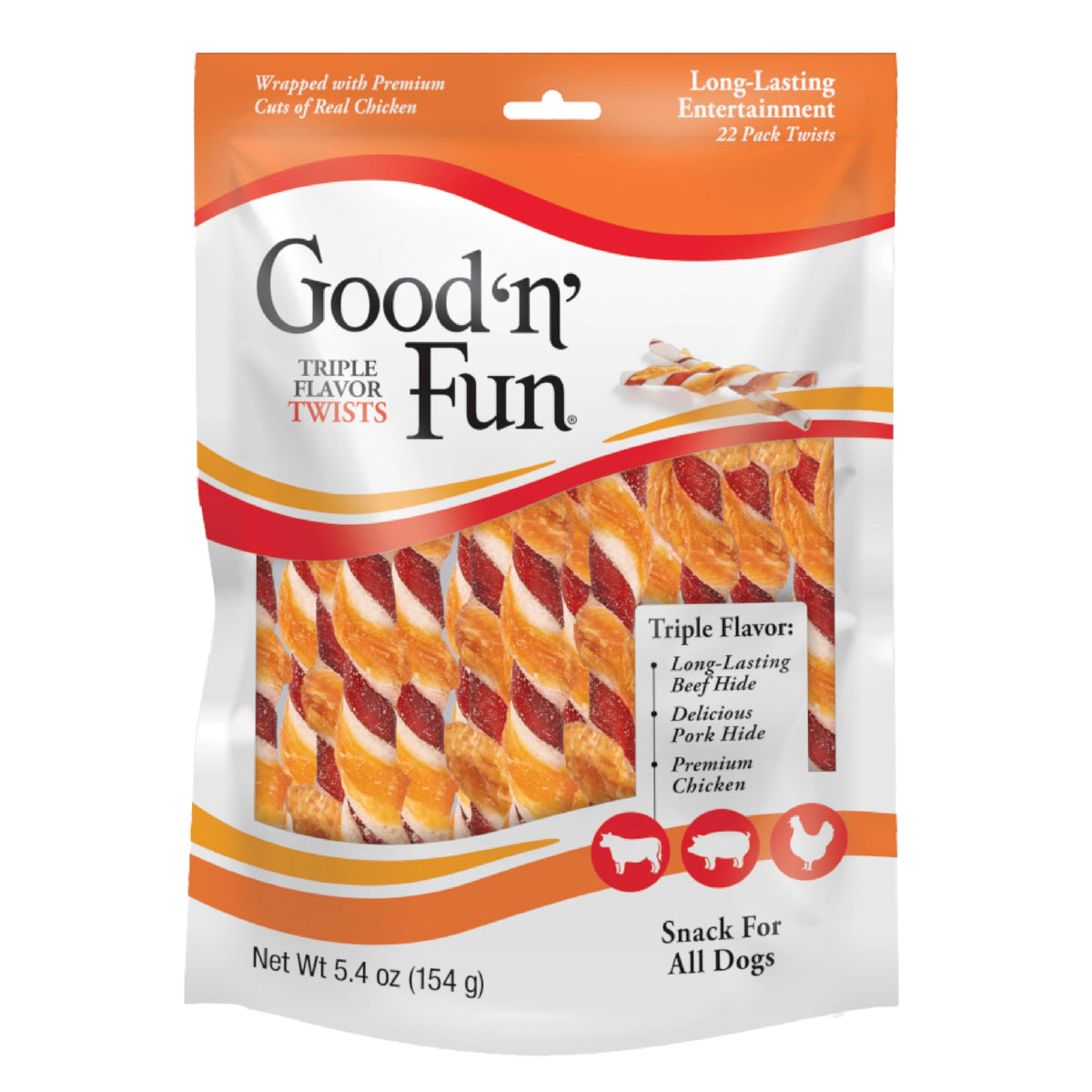 Good 'N' Fun Triple Flavor Twist Chews con jerky de pollo real para premiar