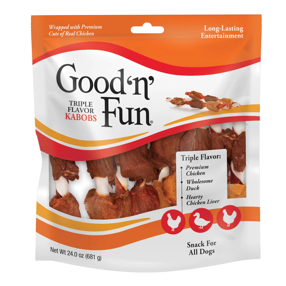Good'n'Fun Triple Flavor Kabobs en empaque para perros, snack sabroso.