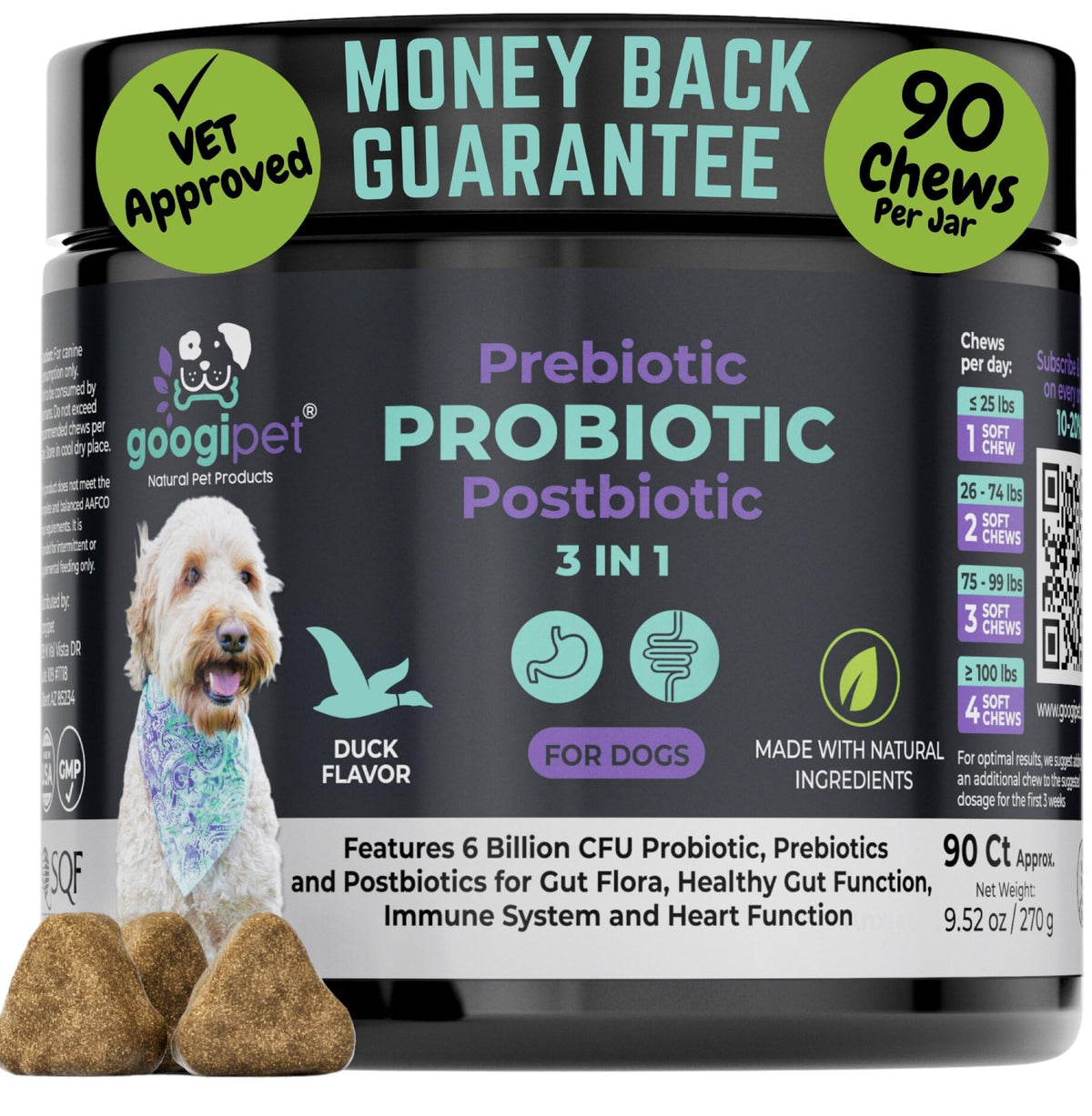 GOOGIPET NATURAL PET PRODUCTS: googipet-probiotics-perros-frasco-cerca, apoyo digestivo potencial.