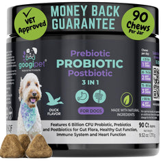 GOOGIPET NATURAL PET PRODUCTS: googipet-probiotics-perros-frasco-cerca, apoyo digestivo potencial.