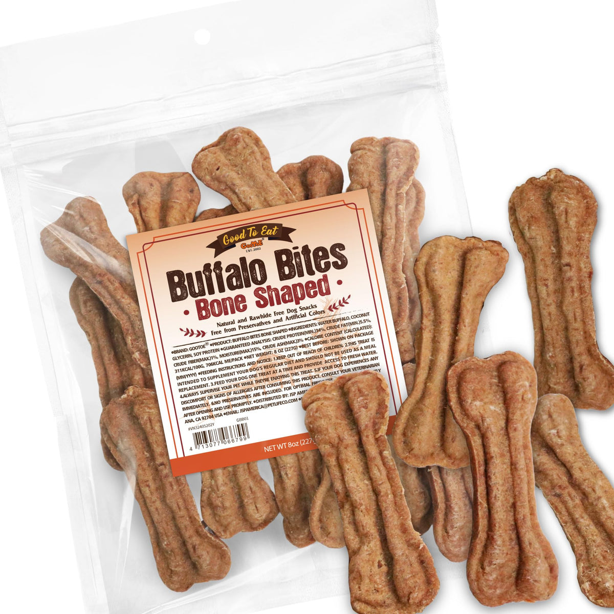 Gootoe búfalo bocaditos en forma de hueso, empaque hermético para frescura.