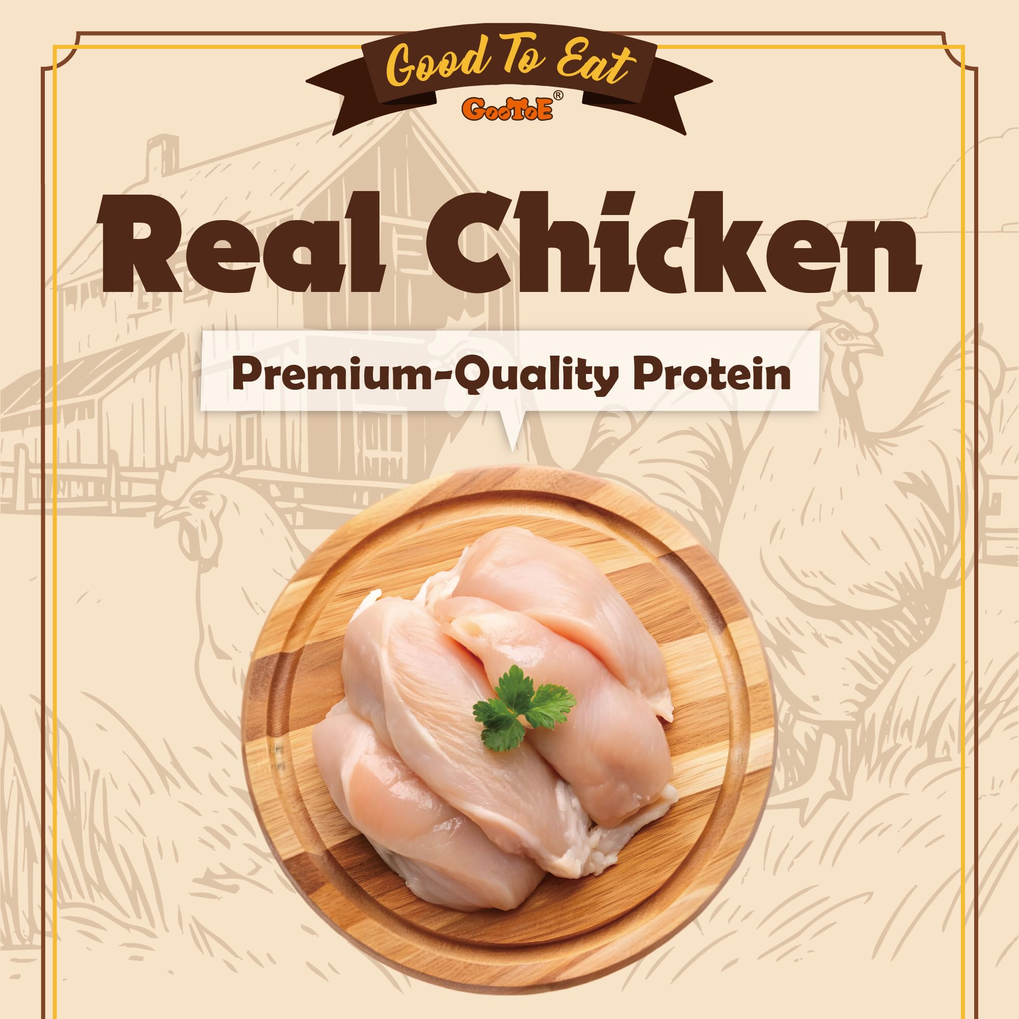Gootoe: jerky de pollo con ingredientes naturales para perros activos.
