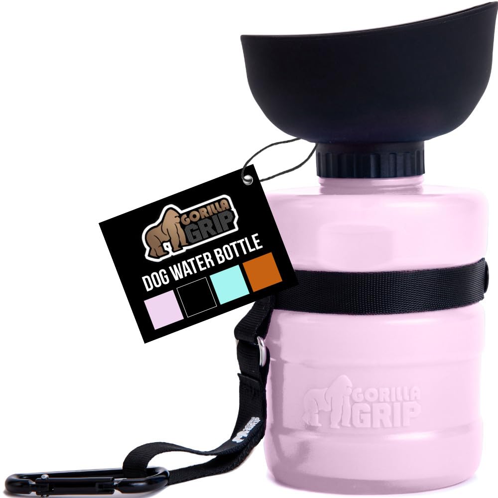 GORILLA GRIP Botella de agua para perros de 12 onzas con cuenco rosa, práctico para caminatas.