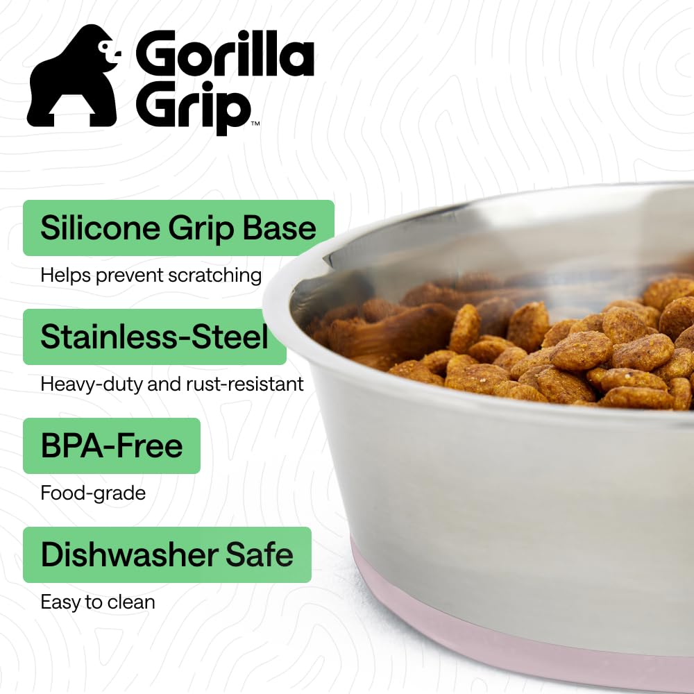 Gorilla Grip set de dos comederos rosados, base de silicona antideslizante para mayor estabilidad