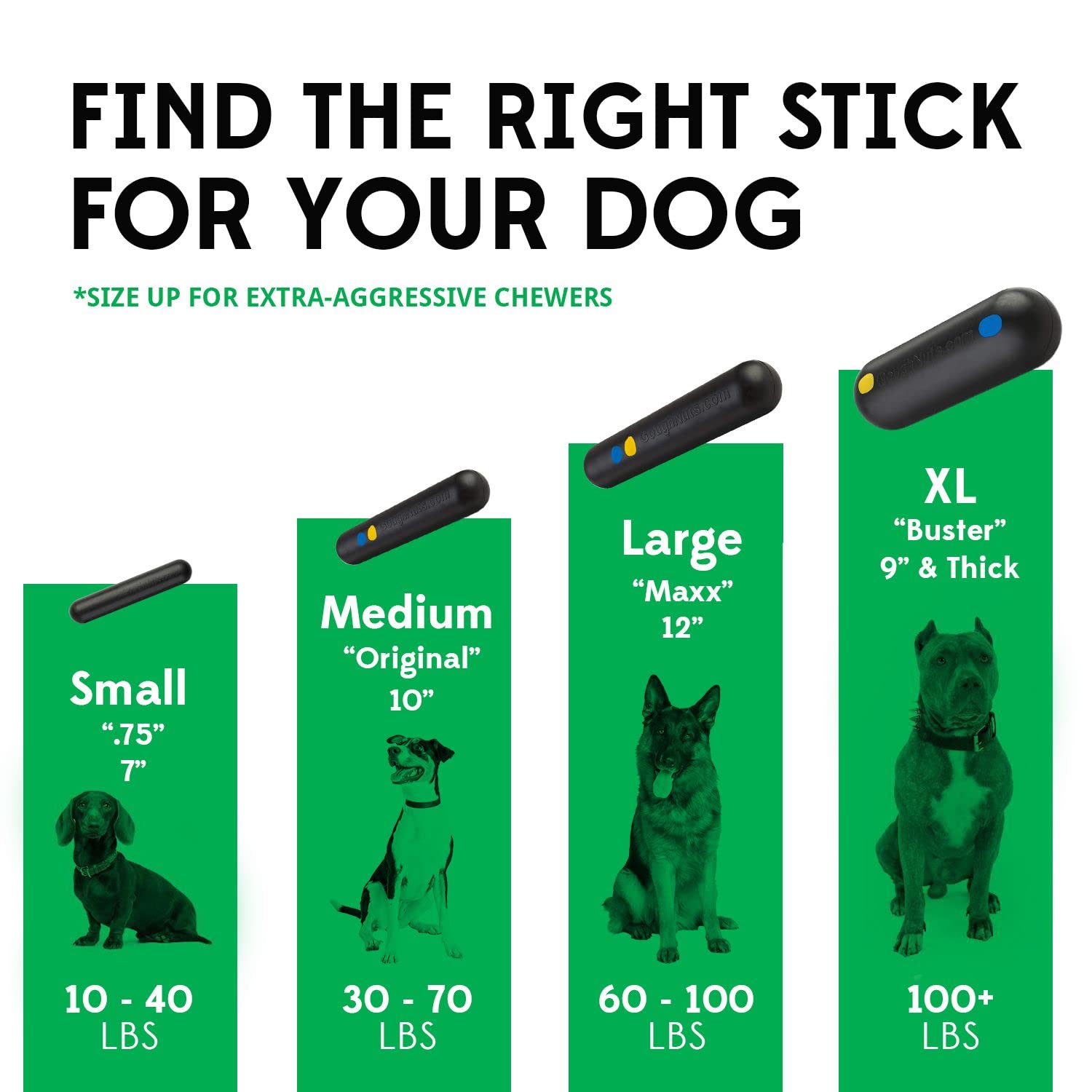 Goughnuts bastón-diámetro-1-75, adecuado para perros de 30-70 libras para masticación controlada.