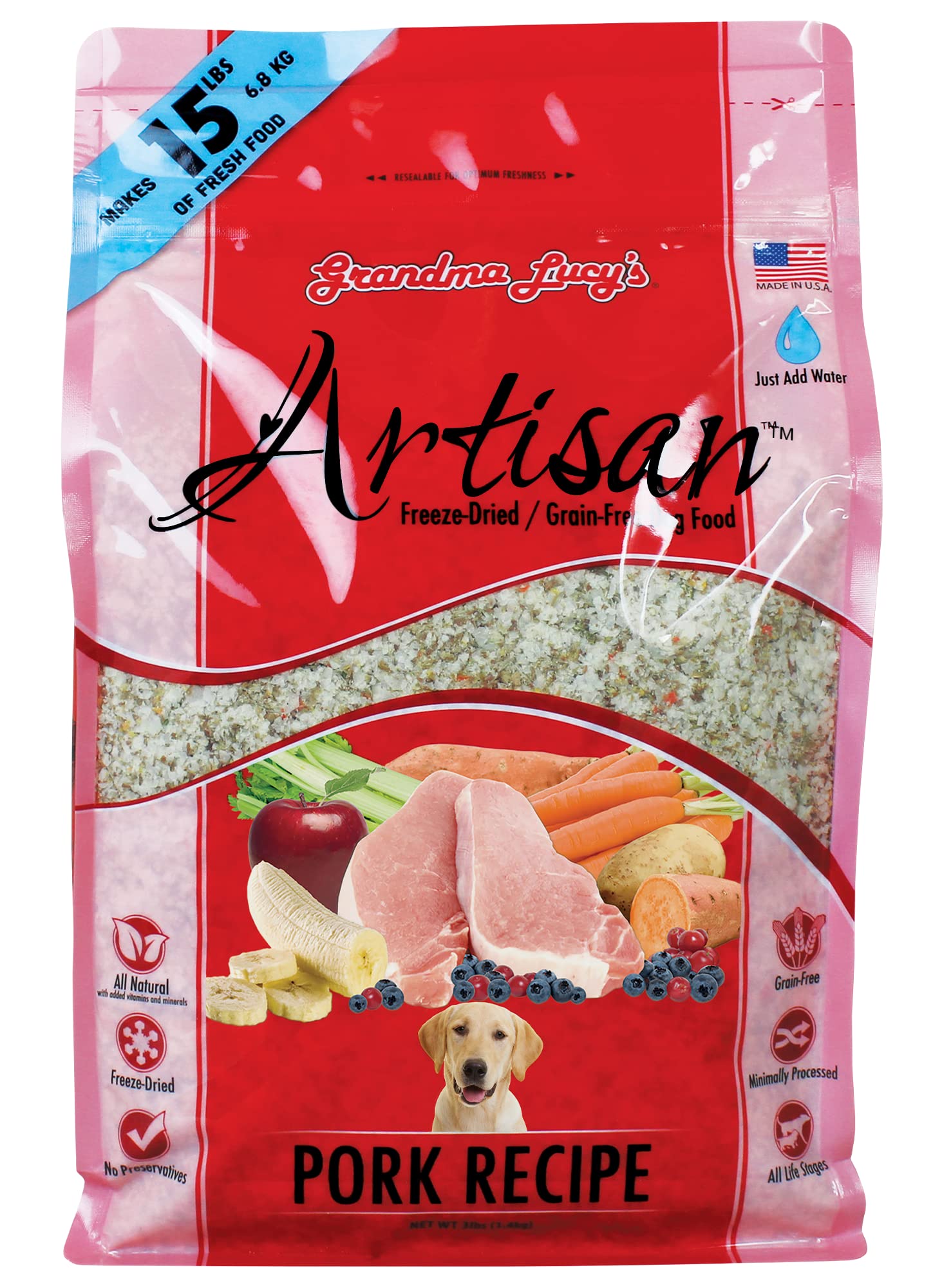 Grandma Lucy's Artisan: trozos de cerdo liofilizados en bolsa, sabor natural para perros activos.